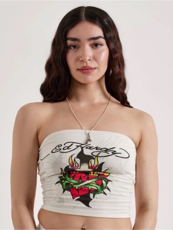 Ed Hardy Tops - Ed Hardy White Strapless Tattoo Heart Flame Tube Top